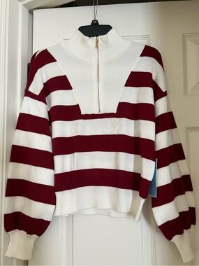 Draper James White and Burgundy Striped Half-Zip Sweater